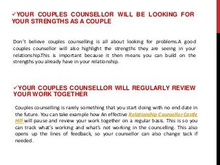 Don’t believe couples counselling is all about looking for problems.A good
couples counsellor will also highlight the strengths they are seeing in your
relationship.This is important because it then means you can build on the
strengths you already have in your relationship.
YOUR COUPLES COUNSELLOR WILL BE LOOKING FOR
YOUR STRENGTHS AS A COUPLE
YOUR COUPLES COUNSELLOR WILL REGULARLY REVIEW
YOUR WORK TOGETHER
Couples counselling is rarely something that you start doing with no end date in
the future. You can take example how An effective Relationship Counsellor Castle
Hill will pause and review your work together on a regular basis. This is so you
can track what’s working and what’s not working in the counselling. This also
opens up the lines of feedback, so your counsellor can also change tack if
needed.
 