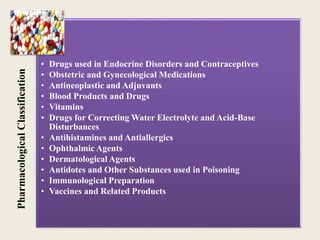PharmacologicalClassification
• Drugs used in Endocrine Disorders and Contraceptives
• Obstetric and Gynecological Medications
• Antineoplastic and Adjuvants
• Blood Products and Drugs
• Vitamins
• Drugs for Correcting Water Electrolyte and Acid-Base
Disturbances
• Antihistamines and Antiallergics
• Ophthalmic Agents
• Dermatological Agents
• Antidotes and Other Substances used in Poisoning
• Immunological Preparation
• Vaccines and Related Products
 
