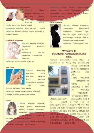 ENT and Respiratory Disease                                       Ineffective:    Uterine       fibroids,          Thyrotoxicosis,
                                Effective:           Allergic     Multiple       GB     calculi,         Varicocoele,          Retinal
                                Rhinitis, Frequent cold,          Detachment, Optic Nerve atrophy, Cataract,
                                Recurrent           Sinusitis,    Testicular atrophy.
                                Recurrent          Tonsillitis,
                                Bronchial            asthma,      Gynec Problem
Chronic Bronchitis, Allergic cough.                                                    Effective:        Menses         irregularity,
Moderately effective:           Bronchiectasis,        COPD                            Leucorrhoea,                    Menopausal
Ineffective: Pleural effusion, Status asthmaticus,                                     Syndromes,               Ovarian          Cyst,
Severe infection                                                                       Bartholin          Cyst,        Menorrhagia,
                                                                                       Metrorrhagia,            Uterine     Fibroid,
Psychiatric disorders                                                                  Premenstrual Syndrome etc.
                        Effective: Anxiety disorders,                                  Ineffective: : Truly surgical cases.
                        Depression,                Insomnia,
                        Phobia
                        Moderately                  effective:
                                                                           Wel come to
                                                                     PRAMUKH homeopathic Clinic
                        Obsessive            Compulsive       ,
                                                                              (PHC)
                        Neurosis
                                                                  Pramukh        Homoeopathic             Clinic       (PHC)        is
Ineffective: Schizophrenia, Psychosis
                                                                  outcome of Dr. Pankaj Darji (B.H.M.S;I.C.R)
                                                                                                         intense commitment
Infections
                                                                                                         to the homoeopathic
                                 Effective:        Recurring
                                                                                                         profession             since
                                 infections,             Viral
                                                                                                         2004.
                                 infections,        Hepatitis
                                                                                                         . PHC - PRAMUKH
                                 A,B,C,            Resistant
                                                                                                                 HOMOEOPATHY
                                 Tuberculosis, Recurrent
                                                                                                         CLINIC                     is
                                 U.R.T.I.,           Chronic
                                                                                                         established in 2004.
sinusitis, Recurrent Otitis media
                                                                                                         The              Clinic has
Ineffective: Severe acute bacterial infections,
                                                                                                                   made steady
Cerebral malaria, Bronchopneumonia,
                                                                                                         progress since 2004.
                                                                  Established as a only              homoeopathic clinic, it
Others
                                                                  has                 played        a          vital     role       in
                   Effective:       Allergies,     Migraine,
                                                                  homoeopathic clinic of Gujarat. WE treat the
                   Cancer          pains,        Rheumatoid
                                                                  patients with right medication at right time in
                   arthritis,      Cervical      spondylitis,
                                                                  our Clinic with polite and homely attitude. We
                   Amoebiasis, Metabolic disorders,
                                                                  treat the person, not the disease. Thus we take a
                   Immunologically                 mediated
                                                                  great   deal    of    pride       in     the     tradition      and
disorders, Autoimmune diseases.
                                                                  uncompromised nature of the personalized care
Suggested as complementary: cancer Ankylosing
                                                                  that is provided to our patients.
spondylitis, Glaucoma, DUB, Infertility
 
