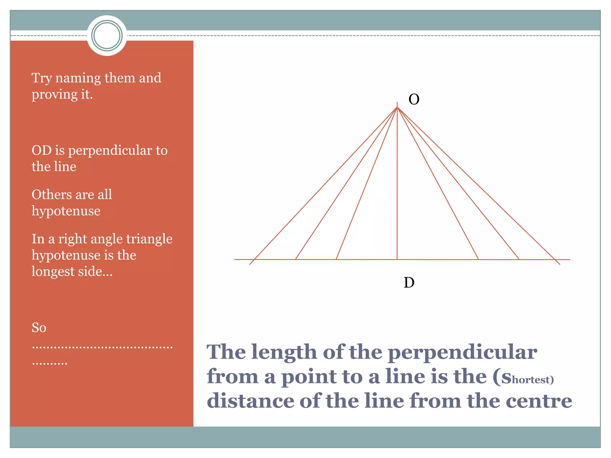 Try naming them and
proving it.                                       O


OD is perpendicular to
the line

Others are all
hypotenuse

In a right angle triangle
hypotenuse is the
longest side…
                                                 D

So
…………………………………
……….                        The length of the perpendicular
                            from a point to a line is the (shortest)
                            distance of the line from the centre
 