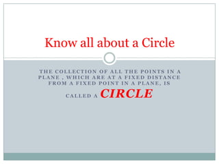 Know all about a Circle

THE COLLECTION OF ALL THE POINTS IN A
PLANE , WHICH ARE AT A FIXED DISTANCE
  FROM A FIXED POINT IN A PLANE, IS

       CALLED A   CIRCLE
 