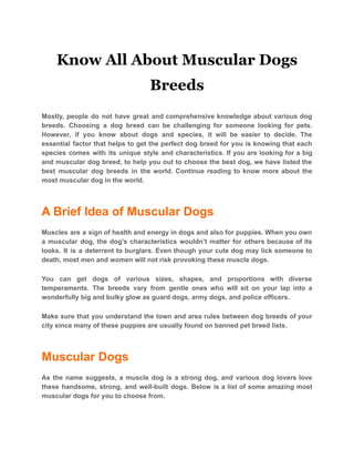Know All About Muscular Dogs
Breeds
Mostly, people do not have great and comprehensive knowledge about various dog
breeds. Choosing a dog breed can be challenging for someone looking for pets.
However, if you know about dogs and species, it will be easier to decide. The
essential factor that helps to get the perfect dog breed for you is knowing that each
species comes with its unique style and characteristics. If you are looking for a big
and muscular dog breed, to help you out to choose the best dog, we have listed the
best muscular dog breeds in the world. Continue reading to know more about the
most muscular dog in the world.
A Brief Idea of Muscular Dogs
Muscles are a sign of health and energy in dogs and also for puppies. When you own
a muscular dog, the dog’s characteristics wouldn’t matter for others because of its
looks. It is a deterrent to burglars. Even though your cute dog may lick someone to
death, most men and women will not risk provoking these muscle dogs.
You can get dogs of various sizes, shapes, and proportions with diverse
temperaments. The breeds vary from gentle ones who will sit on your lap into a
wonderfully big and bulky glow as guard dogs, army dogs, and police officers.
Make sure that you understand the town and area rules between dog breeds of your
city since many of these puppies are usually found on banned pet breed lists.
Muscular Dogs
As the name suggests, a muscle dog is a strong dog, and various dog lovers love
these handsome, strong, and well-built dogs. Below is a list of some amazing most
muscular dogs for you to choose from.
 