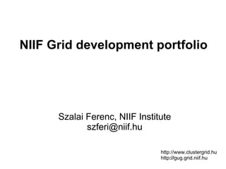 NIIF Grid development portfolio




      Szalai Ferenc, NIIF Institute
             szferi@niif.hu

                                http://www.clustergrid.hu
                                http://gug.grid.niif.hu
 