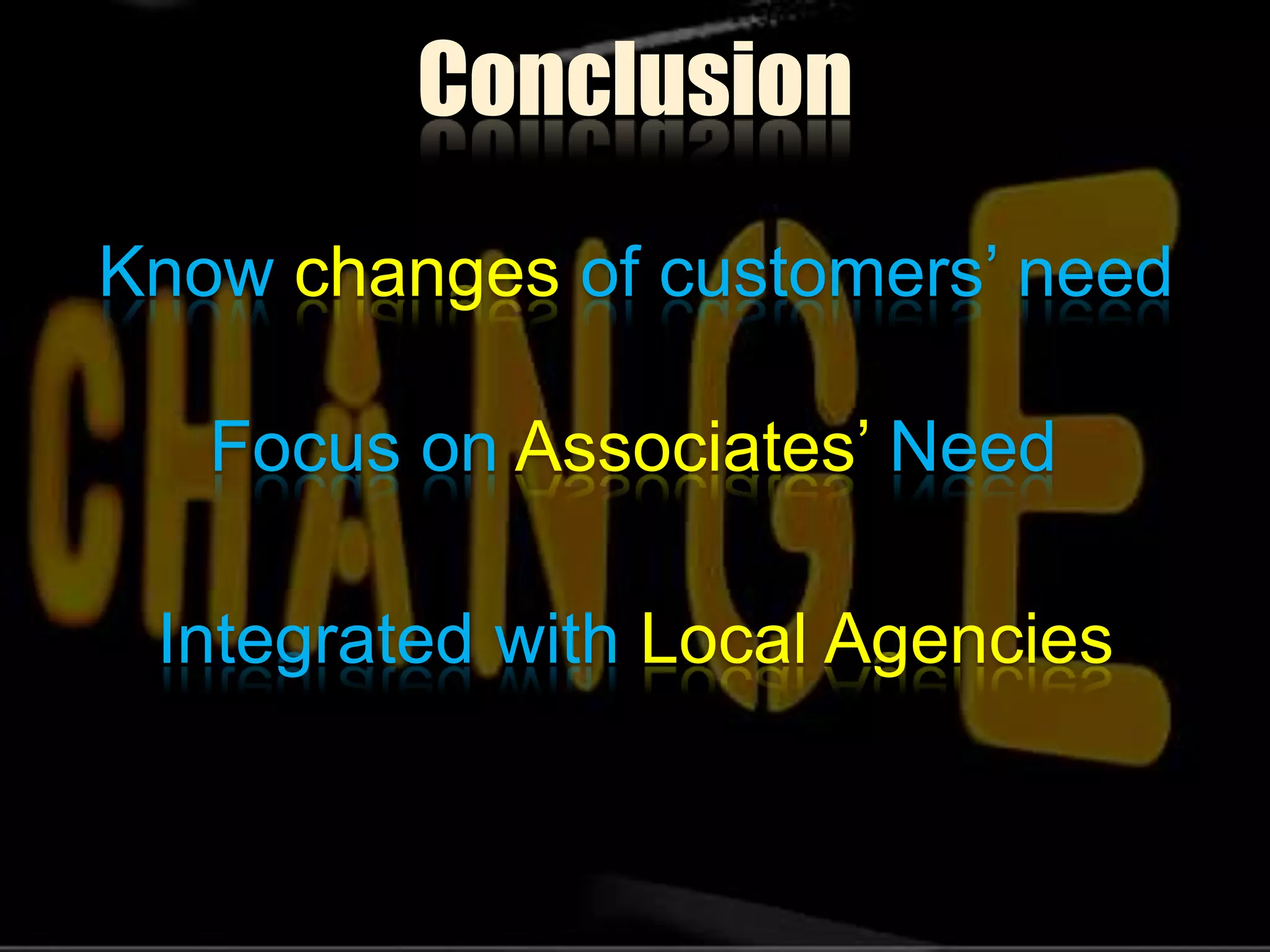 ConclusionKnow changes of customers’ needFocus on Associates’ NeedIntegrated with Local Agencies