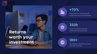 250k
Thynk Unlimited is used by
18,000 business customers
180+
We makes a difference in more
than 180 countries
+70%
More than 70% of fortune 500
companies use Thynk Unlimited
Returns
worth your
investment