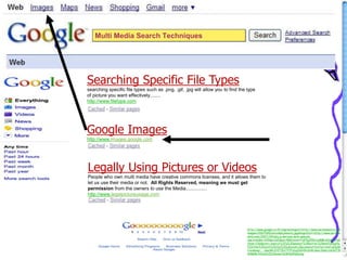 Multi Media Search Techniques
Searching Specific File Types
searching specific file types such as .png, .gif, .jpg will allow you to find the type
of picture you want effectively........
http://www.filetype.com
Google Images
http://www.images.google.com
Legally Using Pictures or Videos
People who own multi media have creative commons licenses, and it allows them to
let us use their media or not. All Rights Reserved, meaning we must get
permission from the owners to use the Media................
http://www.legalpictureusage.com
http://www.google.co.th/imgres?imgurl=http://www.seriouseats.com/
images/20070401istockpbjbeauty.jpg&imgrefurl=http://www.serious
eats.com/2007/04/pbj-a-serious-eats-special-
rep.html&h=345&w=620&sz=48&tbnid=PtdFEg55KUxd8M:&tbnh=76&
tbnw=136&prev=/search%3Fq%3Dpeanut%2Bbutter%2Band%2Bjelly
%26tbm%3Disch%26tbo%3Du&zoom=1&q=peanut+butter+and+jelly&h
l=en&usg=__SwsWL2YZTEHTf7Fs1uZG1h5xSH8=&sa=X&ei=HaS0T9r
nPMK8rAfwnICZDA&ved=0CB4Q9QEwAg
 