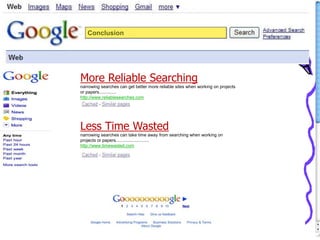 More Reliable Searching
narrowing searches can get better more reliable sites when working on projects
or papers..............
http://www.reliablesearches.com
Less Time Wasted
narrowing searches can take time away from searching when working on
projects or papers...........................
http://www.timewasted.com
Conclusion
 