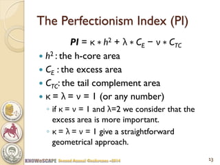 The Perfectionism Index (PI) 
PI = κ ∗ h2 + λ ∗ CE − ν ∗ CTC 
h2 : the h-core area 
CE : the excess area 
CTC: the tail complement area 
κ = λ = ν = 1 (or any number) 
◦if κ = ν = 1 and λ=2 we consider that the excess area is more important. 
◦κ = λ = ν = 1 give a straightforward geometrical approach. 
13  
