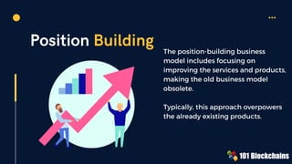 Position Building The position-building business
model includes focusing on
improving the services and products,
making the old business model
obsolete.
Typically, this approach overpowers
the already existing products.
 