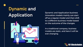 Dynamic and
Application
Dynamic and Application business
innovation models mainly can start
off as a regular model and then shift
to a different business model based
on the outcome of the changes.
In a traditional company, business
models are static, and here it will be
ever changing.
 