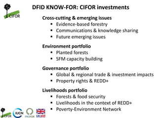 DFID KNOW-FOR: CIFOR investments
Cross-cutting & emerging issues
 Evidence-based forestry
 Communications & knowledge sharing
 Future emerging issues
Environment portfolio
 Planted forests
 SFM capacity building
Governance portfolio
 Global & regional trade & investment impacts
 Property rights & REDD+
Livelihoods portfolio
 Forests & food security
 Livelihoods in the context of REDD+
 Poverty-Environment Network
 