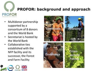 PROFOR: background and approach
Livelihoods Financing
Governance
Cross-
sectoral
Policies
• Multidonor partnership
supported by a
consortium of 8 donors
and the World Bank
• Secretariat is hosted by
the World Bank
• Collaborative ties
established with the
NFP facility and its
successor, the Forest
and Farm Facility
 