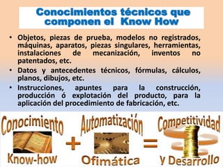 Conocimientos técnicos que
componen el Know How
• Objetos, piezas de prueba, modelos no registrados,
máquinas, aparatos, piezas singulares, herramientas,
instalaciones de mecanización, inventos no
patentados, etc.
• Datos y antecedentes técnicos, fórmulas, cálculos,
planos, dibujos, etc.
• Instrucciones, apuntes para la construcción,
producción ó explotación del producto, para la
aplicación del procedimiento de fabricación, etc.

10

 