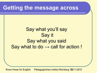 Know Howe for English Pädagogisches Institut Nürnberg 15.11.201223
Getting the message across
Say what you’ll say
Say it
Say what you said
Say what to do → call for action !
 