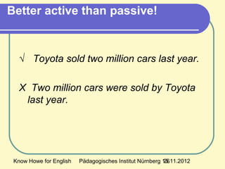 Know Howe for English Pädagogisches Institut Nürnberg 15.11.201226
Better active than passive!
√ Toyota sold two million cars last year.
X Two million cars were sold by Toyota
last year.
 