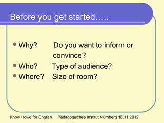 Know Howe for English Pädagogisches Institut Nürnberg 15.11.20128
Before you get started…..
Why? Do you want to inform or
convince?
Who? Type of audience?
Where? Size of room?
 