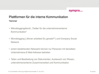Plattformen für die interne Kommunikation
• Mikrobloggingdienst: „Twitter für die unternehmensinterne
Kommunikation“
• Microblogging („Woran arbeitest Du gerade?“) und Company Social
Network
• einem bestehenden Netzwerk können nur Personen mit derselben
Unternehmens-E-Mail-Adresse beitreten
• Teilen und Bearbeitung von Dokumenten, Austausch von Wissen,
unternehmensinterne Zusammenarbeit und Kommunikation
© sympra
Yammer
| Social Media: Planung ermöglicht Spontaneität | 6. Juni 201315
 