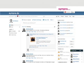 Plattformen für die interne Kommunikation
• „Unternehmens-Twitter“
• Mikrobloggingdienst für Unternehmen
• einem bestehenden Netzwerk können nur Personen mit derselben
Unternehmens-E-Mail-Adresse beitreten
• Teilen und Bearbeitung von Dokumenten, Austausch von Wissen,
unternehmensinterne Zusammenarbeit und Kommunikation
© sympra
Yammer
| Social Media: Planung ermöglicht Spontaneität | 6. Juni 201316
 
