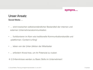 Unser Ansatz
• … sind inzwischen selbstverständlicher Bestandteil der internen und
externen Unternehmenskommunikation
• … funktionieren im Kern wie traditionelle Kommunikationskanäle und
-plattformen: Content is King!
• … leben von der (Inter-)Aktion der Mitarbeiter
• … erfordern Know-how, um ihr Potenzial zu nutzen
 2.0-Kenntnisse werden zu Basic Skills im Unternehmen!
Social Media …
| Social Media: Planung ermöglicht Spontaneität | 6. Juni 20133 © sympra
 