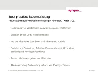 Best practise: Stadtmarketing
• Bedarfsanalyse, Zieldefinition, Auswahl geeigneter Plattformen
• Erstellen Social-Media-/Inhaltestrategie
• Info der Mitarbeiter über Ziele, Maßnahmen und Vorteile
• Erstellen von Guidelines; Definition Verantwortlichkeit, Kompetenz,
Zuständigkeit; Festlegen Workflows
• Ausbau Medienkompetenz der Mitarbeiter
• Themenscouting; Aufbereitung in Form von Postings, Tweets
© sympra
Prozessschritte zur Mitarbeiterbeteiligung in Facebook, Twitter & Co.
| Social Media: Planung ermöglicht Spontaneität | 6. Juni 201330
 