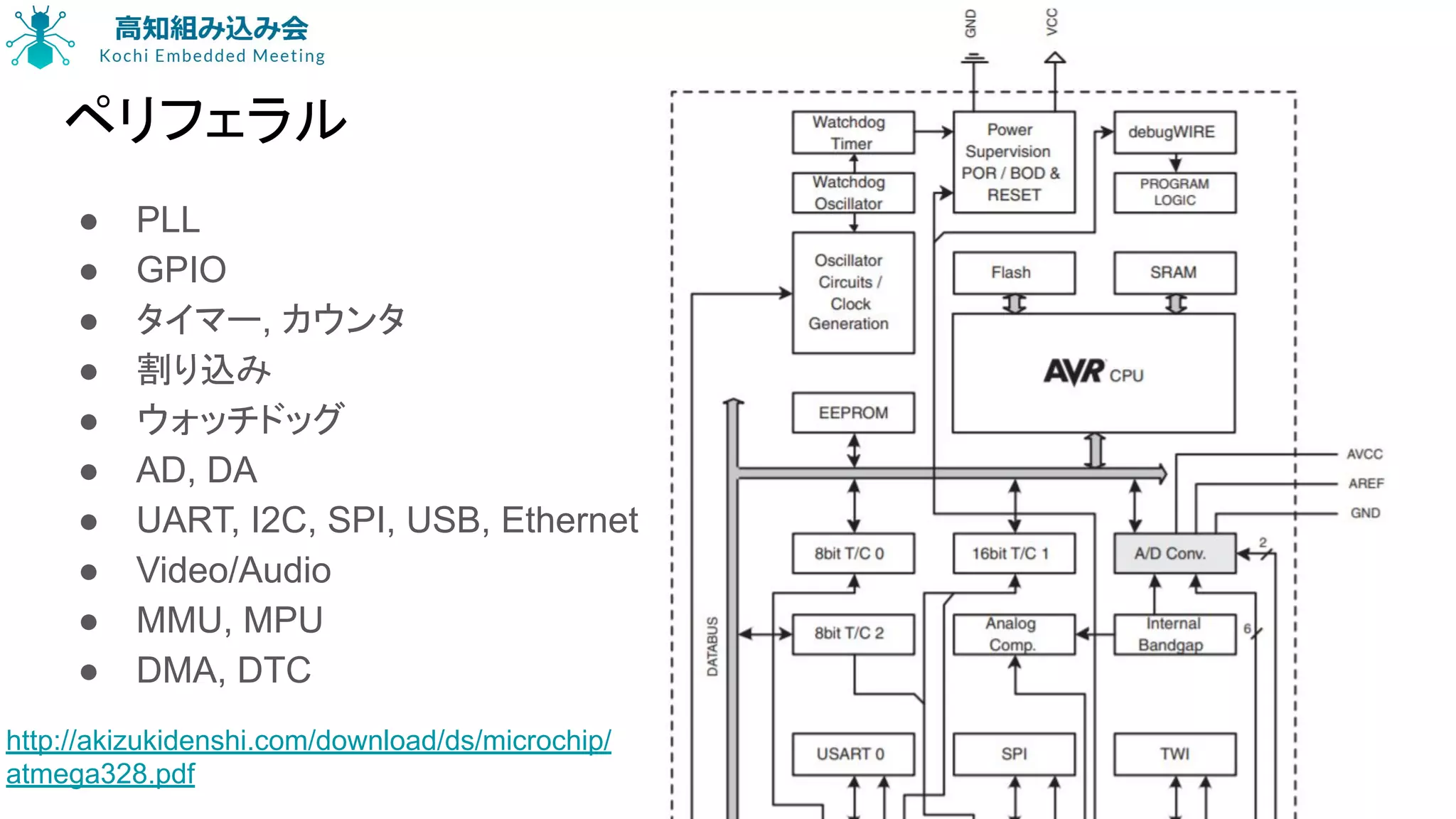 ペリフェラル
● PLL
● GPIO
● タイマー, カウンタ
● 割り込み
● ウォッチドッグ
● AD, DA
● UART, I2C, SPI, USB, Ethernet
● Video/Audio
● MMU, MPU
● DMA, DTC
9
http://akizukidenshi.com/download/ds/microchip/
atmega328.pdf
 