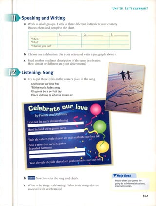 UNIT 16 LET'S CELEBRATE!
Speaking and Writing
a Work in smal! groups. Think of three different festivals in your country.
Discuss them and complete the chart.
When?
Why?
What do you do?
b Choose one celebration. Use your notes and write a paragraph about it.
cRead another student's description of the same celebration.
How similar or different are your descriptions?
Listening: Song
a Try to put these lyrics in the correct place in the songo
And forever we'lI be free
'Ti! the music fades away
It's gonna be a perfect day
Peace and love is what we dream of
b rJ!mm Now listen to the song and check.
e What is the singer celebrating? What other songs do you
associate with celebrations?
".. Help Desk
People often use gonna for
going to in informal situations.
especially songs.
102
 