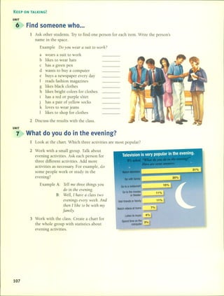 KEEP ON TALKING!
UNIT
6 Find someone who...
1 Ask other students. Try to find one person for each item. Write the person's
name in the space.
Example Da yau wear a suit ta warl??
a wears a suit to work
b likes to wear hats
c has a green pen
d wants to buy a computer
e buys a newspaper every day
f reads fashion magazines
g likes black clothes
h likes bright colors for clothes
has a red or purple shirt
j has a pair of yellow socks
k loves to wear jeans
1 likes to shop for clothes
2 Discuss the results with the class.
UNIT
7 What do you do in the evening?
1 Look at the chart. Which three activities are most popular?
107
2 Work with a small group. Talk about
evening activities. Ask each person for
three different activities. Add more
activities as necessary. For example, do
some people work or study in the
evening?
Example A: Tell me three things yau
da in the evening.
B: Well, 1 have a class twa
evenings eve,y weel? And
then 1 li1?eta be with my
fami/y.
3 Work with the class. Create a chart for
the whole group with statistics about
evening activities.
Visit friends or family
Watch videos at home
Listen to music
Spend time on the
computer
7%
11%
11%
15%
 