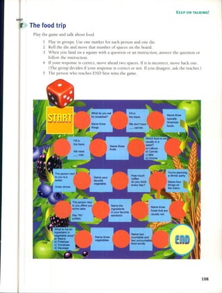 U IT
KEEP ON TALKING!
The food trip
Play the game ami talk about food.
1 Play in groups. Use one marker for each person and one die.
2 Roll the die and move that number of spaces on the board.
3 When you land on a square with a question or an instruction, answer the question or
follow the instruction.
4 If your response is correct, move ahead two spaces. If it is incorrect, move back one.
(The group decides if your response is correct or not. If you disagree, ask the teacher.)
5 The person who reaches END first wins the game.
108
 