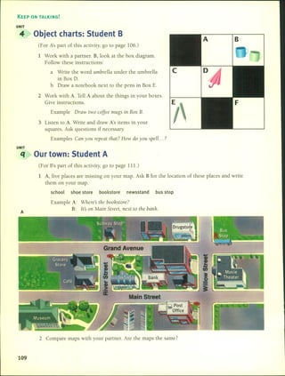 BA
ExampIe Draw two coffee mugs in Box B.
3 Listen to A. Write and draw A's items in your
squares. Ask questions if necessary.
ExampIes Can you repeat that? How do you spell. .. ?
(For A's part of this activity, go to page 106.)
1 Work with a partner. B, Iook at the box diagram.
Follow these instructions:
a Write the word umbrella under the umbrella e
in Box D.
b Draw a notebook next to the pens in Box E.
2 Work with A. Tell A about the things in your boxes.
Give instructions.
KEEP ON TALKING!
UNIT
4 Objeet eharts: 5tudent B
UNIT
q Our town: 5tudent A
A
(For B's part of this activity, go to page lll.)
1 A, five pIaces are missing on your map. Ask B for the Iocation of these pIaces and write
them on your map.
school shoe sto re bookstore newsstand bus stop
ExampIe A: Wheres the bookstore?
B: Its on Main Street, next to the bank.
. I
!" t '
t.k. ~ .
2 Compare maps with your partner. Are the maps the same?
109
 