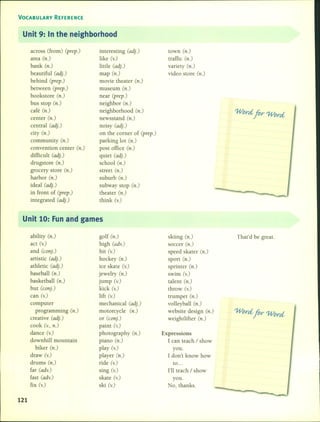 VOCABULARY REFERENCE
Unit 9: In the neighborhood
acrass (fram) (prep.)
area (n.)
bank (n.)
beautiful (adj.)
behind (prep.)
between (prep.)
bookstore (n.)
bus stop (n.)
café (n.)
center (n.)
central (adj.)
city (n.)
community (n.)
convention center (n.)
difficult (adj.)
drugstore (n.)
gracery store (n.)
harbor (n.)
ideal (adj.)
in frant of (prep.)
integrated (adj.)
interesting (adj.)
like (v.)
liule (adj.)
map (n.)
movie theater (n.)
museum (n.)
near (prep.)
neighbor (n.)
neighborhood (n.)
newsstand (n.)
noisy (adj.)
on the comer of (prep.)
parking lot (n.)
post office (n.)
quiet (adj.)
school (n.)
street (n.)
suburb (n.)
subway stop (n.)
theater (n.)
think (v.)
town (n.)
traffic (n.)
variety (n.)
video store (n.)
Word ftr Word
Unit 10: Fun and games
121
ability (n.)
act (v.)
and (conj.)
artistic (adj.)
athletic (adj.)
baseball (n.)
basketball (n.)
but (conj.)
can (v.)
computer
programming (n.)
creative (adj.)
cook (v., n.)
dance (v.)
downhill mountain
biker (n.)
draw (v.)
drums (n.)
far (adv.)
fast (adv.)
fix (v.)
golf (n.)
high (adv.)
hit (v.)
hockey (n.)
ice skate (v.)
jewelry (n.)
jump (v.)
kick (v.)
lift (v.)
mechanical (adj.)
motorcycle (n.)
or (con}.)
paint (v.)
photography (n.)
piano (n.)
play (v.)
player (n.)
ride (v.)
sing (v.)
skate (v.)
ski (v.)
skiing (n.)
soccer (n.)
speed skater (n.)
sport (n.)
sprinter (n.)
swim (v.)
talent (n.)
thraw (v.)
trumpet (n.)
volleyball (n.)
website design (n.)
weightlifter (n.)
Expressions
1 can teaeh / show
you.
1 don't know how
to ...
1'11teach / show
you.
No, thanks.
That'd be great.
Word ftr Word
 