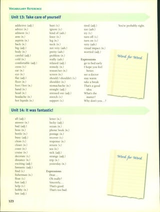 VOCABULARY REFERENCE
Unit 13: Take care of yourself
addictive (adj.)
advice (n.)
ailment (n.)
arm (n.)
aspirin (n.)
back (n.)
big (adj.)
body (n.)
careful (adj.)
cold (n.)
comfortable (adj.)
cross (v.)
ear (n.)
eye (n.)
flat (adj.)
floor (n.)
foot / feet (n.)
hand (n.)
head (n.)
headache (n.)
hot liquids (n.)
hurt (v.)
ignore (v.)
kind of (adv.)
knee (n.)
leg (n.)
neck (n.)
not very (adv.)
pretty (adv.)
problem (n.)
really (adv.)
re!axed (adj.)
remedy (n.)
researcher (n.)
screen (n.)
should / shouldn't (v.)
shoulder (n.)
stomachache (n.)
straigh( (adj.)
stressed out (adj.)
stretch (v.)
support (v.)
tired (adj.)
too (adv.)
try (v.)
turn off (v.)
turn on (v.)
very (adv.)
visual impact (n.)
worried (adj.)
Expressions
go to bed early
1hope you fee!
better.
see a doctor
stay warm
take a break
That's a good
idea.
What's (he
matter?
Why don't you ... ?
You're probably right.
W()rd ftr W()rd
Unit 14: It was fantastic!
123
all (adj.)
answer (n.)
bad (adj.)
boss (n.)
bottle (n.)
busy (adj.)
dean (v.)
doset (n.)
coast (n.)
cruise (n.)
decorate (v.)
distance (n.)
exciting (adj.)
fantastic (adj.)
find (v.)
fisherman (n.)
float (v.)
fun (adj.)
help (v.)
hobby (n.)
last (adj.)
letter (n.)
lucky (adj.)
ocean (n.)
phone book (n.)
postage (n.)
recover (v.)
response (n.)
return (v.)
sea (n.)
sick (adj.)
strange (adj.)
(rip (n.)
yesterday (n.)
Expressions
Dear. ..
Oh really?
Sincere!y, ...
That's good.
That's too bad.
W()rd ftr W()rd
 