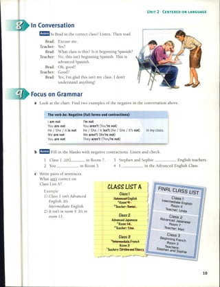 UNIT 2 CENTERED ON LANGUAGE
In Conversation
mmmI 15 Brad in the correct class? Listen. Ihen read.
Brad: Excuse me.
Teacher: Yes?
Brad: What class is this? 15 it beginning Spanish?
Teacher: No, this isn't beginning Spanish. Ihis is
advanced Spanish.
Brad: Oh, good!
Teacher: Good?
Brad: Yes, I'm glad this isn't my class. 1 don't
understand anything!
Focus on Grarnrnar
a Look at the chart. Find two examples of the negative in the conversation aboye.
The verb be: Negative (full forms and contractions)
I am not
You are not
He / She / It is not
We are not
You are not
I'm not
You aren't (you're not)
He / She / It isn't (He / She / It's not) in my c1ass.
We aren't (We're not)
They aren't (They're not)
b mmmI Fill in the blanks with negative contractions. Listen and check.
1 Class 1_i_sn_'t in Room 7.
2 You in Room 3.
3 Stephen and Sophie English teachers.
4 in the Advanced English Class.
CLASS LIST A
10
FINRL CLRSS lIST
C1ass I
Intermed/ate E
R ng/lsh
oom 11
TeaCher: linda
C1ass 2
Rdvanced Ja
panese
Room 7
Teacher: Mari
C1ass 3
8eglnnlng French
Room 3
5 Teachers'
tephen and 50Phle
_.J
Class~- -__ L _
-6.f"t~iat£.F':e"ch -
11. Room3----.
-. 7Teachers: tIroIirltelld-T-hiera.
e Write pairs of sentences.
What isn't correct on
Class List A?
Example
1) Class 1 isn't Advanced
English. It's
Intermediate English.
2) It isn't in room 9. It's in
room 11.
 