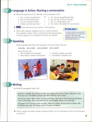 3 celebrate a family occasion?
4 visit family in another city?
32
If someone asks you a question in
a social situation, try to say more
than Yes or No. Give sorne
additional information. Then you
can say What about you?
".. Help Desk
Work in groups and discuss the questions. Use the words on the list.
every day once a week every weekend once a month
How often do you ...
1 talk to family on the phone?
2 have lunch or dinner with family?
b Write a similar text ahout another student's fam ily. Use the information from your discussion
in section 9.
a Read the paragraphs about Ted.
Ted lives in Seattle. His parents are from Guangdong Province in China. They live in San
Francisco now. His father's parents and other relatives live in China.
He has two sisters. Their names are Rita and Karen. Rita lives in San Francisco and Karen
lives in San Diego. Rita is married and has one daughter. Karen is not married.
Ted goes to San Francisco once a month. when he is there, he has lunch or dinner with
his family every day. He always sees his family on holidays.
UNIT 5 FAMILY NETWORK
e Work with a partner. Imagine you're in a social situation
(for example, a party). Start a conversation and ask questions
to keep it going. Try to continue for at least one minute.
a Match the questions (1-4) with the correct responses (a-d).
1 Are you from around here? 1.lz. a NO,I know his girlfriend, Katie.
2 Do you have family here? b No, I'm not. I'm from Chicago.
3 Are you a friend of Ted's? c Yes, it is. What about you?
4 Is this your first time here? d No, 1 don't. My family lives in Arizona.
b rmmm Listen and check your answers. Then practice.
Writing
Speaking
Language in Action: Starting a conversation
 