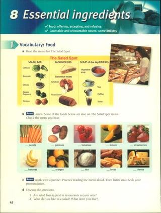 Colfee
Soda
Tea
Vege!able
soup
Sandwich meats
Chicken
Roas! beef
The Salad Spot
SANDWICHES SOUP af the day/DRINKSSALAD BAR
Green
Peppers
Lettuce
Olives
Onions
Broccoli
a Read the rnenu for The Salad Spot.
Vocabulary: Food
b fiE Listen. Sorne of the foods below are also on The Salad Spot rnenu.
Check the iterns you hear.
_ carrots _ potatoes _tomatoes _lemons _ strawberries
_bananas _oranges _rice _ bread _cheese
e fiE Work with a partner. Practice reading the rnenu aloud. Then listen and check your
pronunciation.
45
d Discuss the questions.
1 Are salad bars typical in restaurants in your area?
2 What do you like in a salad? What don't you like?
 
