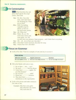UNIT 8 ESSENTIAL INGREDIENTS
In Conversation
,.. What food does Kay ask
about that's not for the soup?
Listen. Then read.
Kay: Hi, Alex. I'm at the
store, and 1 don't have
the shopping list. What
do we need?
Alex: Well, I'm making
vegetable soup for
dinner, so let's see ...
We need some carrots.
Kay: OK. What else?
Alex: Hmm. Ah, yes. We
need some onions and
some garlic, too. Oh,
we don't ha ve any potatoes. Some pota toes ... and 1 think that's everything.
Kay: OK, ... uh ... do we have any chocolate?
Alex: Chocolate? 1 don't need any chocolate for soup.
Kay: 1 know, but 1 love chocolate!
Focus on Grarnrnar
a Look at the chart. Find two examples of saine and any in section 4.
SomeandAny
Affirmative statements
We need some carrots.
Negative statements
We don't have any pota toes.
Questions
Do we have any chocolate?
47
b Fill in the blanks with saine or any.
1 Do we have an)' rice?
2 We need beef for dinner.
3 1 don't have apples. Do
you like bananas?
4 Do you have milk?
5 Please buy potatoes.
6 They don't have _
strawberries at the supermarket.
e Look at the picture and make sentences.
Use saine or any.
Examples They have saine garUe.
They dan't have any ania/ls.
They /leed saine tea.
 