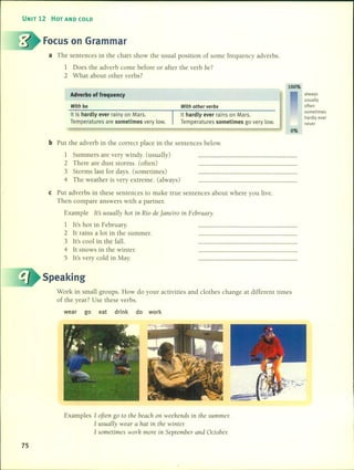 UNIT 12 HOT ANO COLO
Focus on Grarnrnar
a The sentences in the chart show the usual position of some frequency adverbs.
1 Does the adverb come befare or after the verb be?
2 What about other verbs?
100%
Adverbs of frequency
With be
It is hardly ever rainy on Mars.
Temperatures are sometimes very low.
With other verbs
It hardly ever rains on Mars.
Temperatures sometimes go very low.
0%
always
usually
often
sometimes
hardlyever
never
b Put the adverb in the correct place in the sentences below.
1 Summers are very windy. Cusually)
2 There are dust storms. Coften)
3 Storms last for days. Csometimes)
4 The weather is very extreme. Calways)
e Put adverbs in these sentences to make true sentences about where you live.
Then compare answers with a partner.
Example It's usually hot in Rio de janeiro in Februmy.
1 lt's hot in February.
2 It rains a lot in the summer.
3 It's cool in the falI.
4 It snows in the winter.
5 It's very cold in May.
Speaking
Work in small groups. How do your activities and clothes change at different times
of the year? Use these verbs.
wear go eat drink do work
Examples 1 often go to the beach on weehends in the summer. .
1 usually wear a hat in the winter.
1sometimes worh more in September and OctobeJ:
75
 