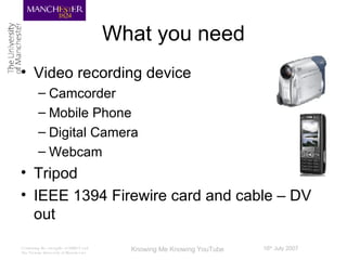 What you need Video recording device Camcorder Mobile Phone Digital Camera Webcam Tripod IEEE 1394 Firewire card and cable – DV out 