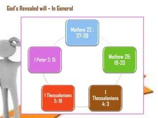 God‘s Revealed will – In General
Mathew 22 :
37-39

1 Peter 2: 15

1 Thessalonians
5: 18

Mathew 28:
19-20

1
Thessalonians
4: 3

 