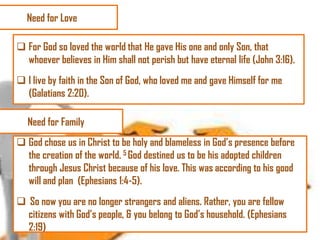 Need for Love
 For God so loved the world that He gave His one and only Son, that
whoever believes in Him shall not perish but have eternal life (John 3:16).
 I live by faith in the Son of God, who loved me and gave Himself for me
(Galatians 2:20).
Need for Family
 God chose us in Christ to be holy and blameless in God‘s presence before
the creation of the world. 5 God destined us to be his adopted children
through Jesus Christ because of his love. This was according to his good
will and plan (Ephesians 1:4-5).

 So now you are no longer strangers and aliens. Rather, you are fellow
citizens with God‘s people, & you belong to God‘s household. (Ephesians
2:19)

 