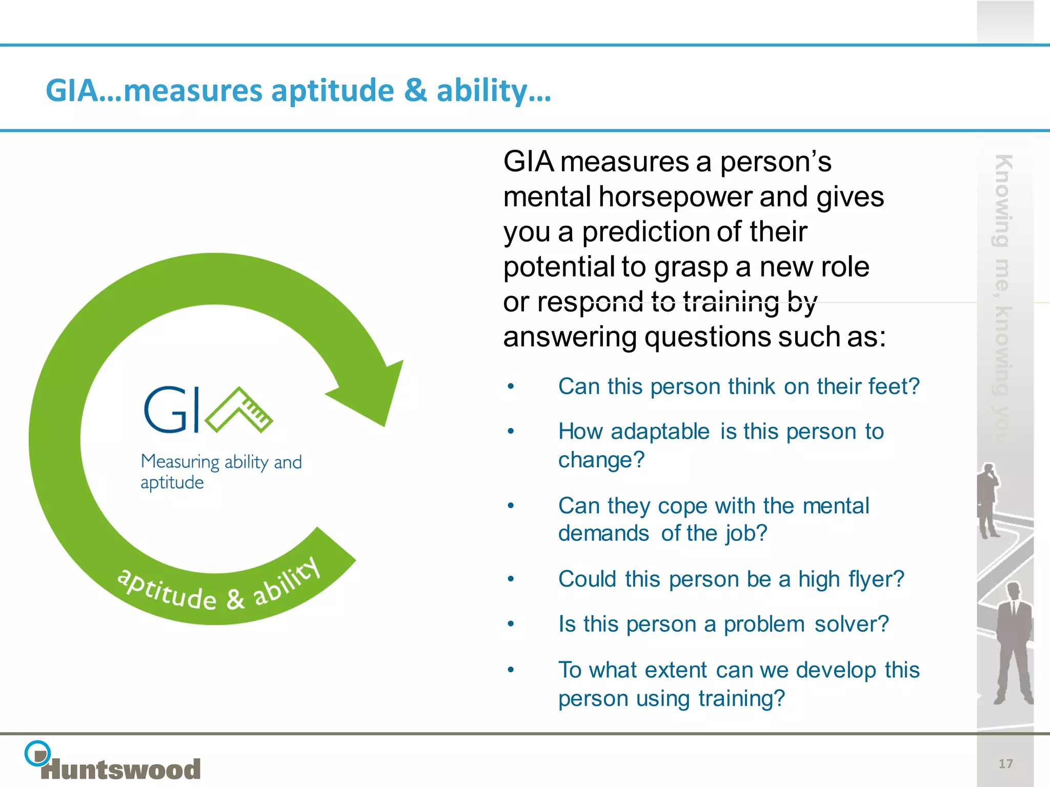 GIA…measures aptitude & ability…

                            GIA measures a person’s




                                                                          Knowing me, knowing you
                            mental horsepower and gives
                            you a prediction of their
                            potential to grasp a new role
                            or respond to training by
                            answering questions such as:
                             •     Can this person think on their feet?
                             •     How adaptable is this person to
                                   change?

                             •     Can they cope with the mental
                                   demands of the job?
                             •     Could this person be a high flyer?
                             •     Is this person a problem solver?
                             •     To what extent can we develop this
                                   person using training?

                                                                                 17
 