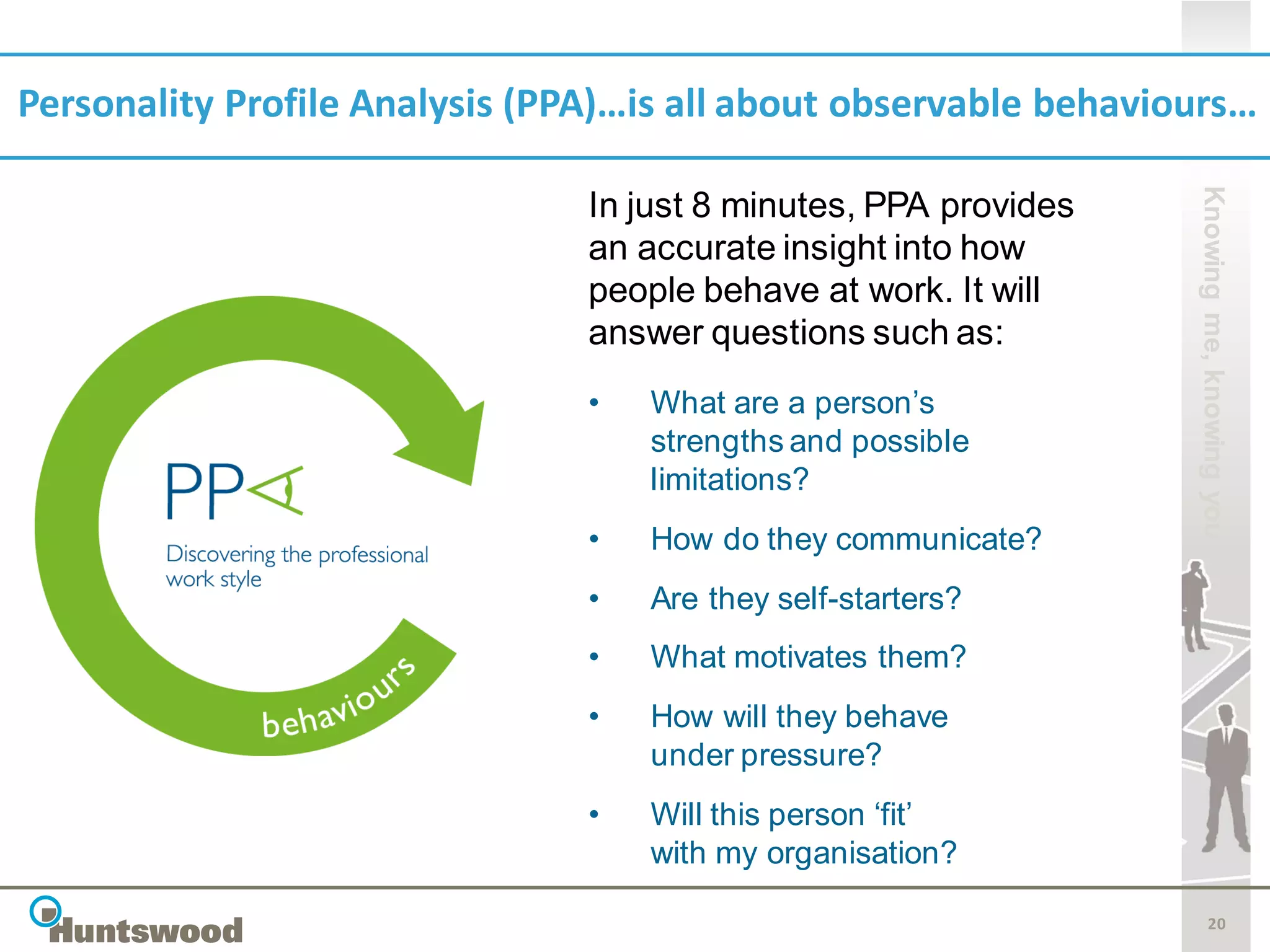 Personality Profile Analysis (PPA)…is all about observable behaviours…




                                                                  Knowing me, knowing you
                                In just 8 minutes, PPA provides
                                an accurate insight into how
                                people behave at work. It will
                                answer questions such as:
                                •   What are a person’s
                                    strengths and possible
                                    limitations?
                                •   How do they communicate?
                                •   Are they self-starters?
                                •   What motivates them?
                                •   How will they behave
                                    under pressure?
                                •   Will this person ‘fit’
                                    with my organisation?

                                                                         20
 