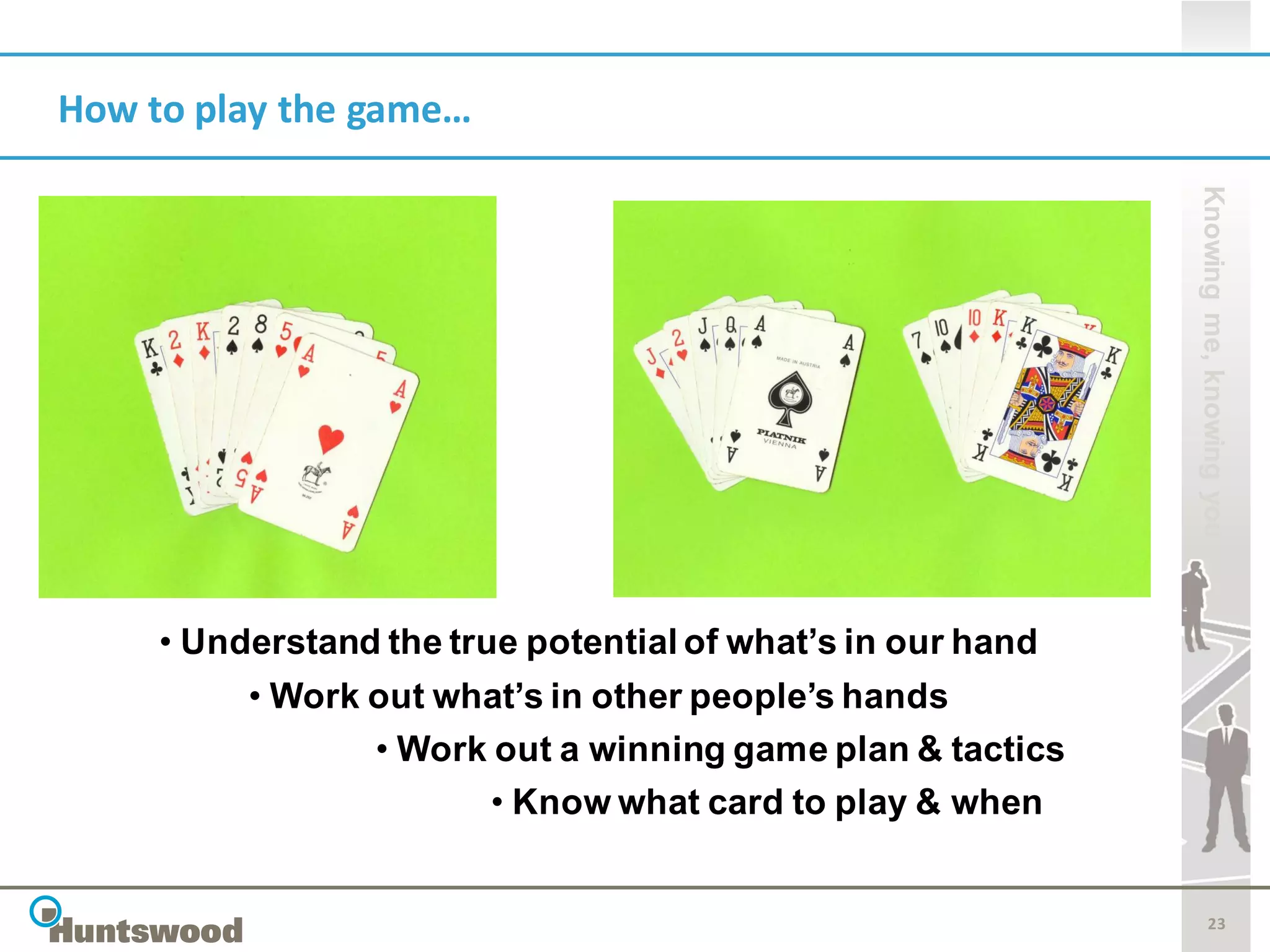 How to play the game…




                                                             Knowing me, knowing you
     • Understand the true potential of what’s in our hand
          • Work out what’s in other people’s hands
                 • Work out a winning game plan & tactics
                        • Know what card to play & when


                                                                    23
 