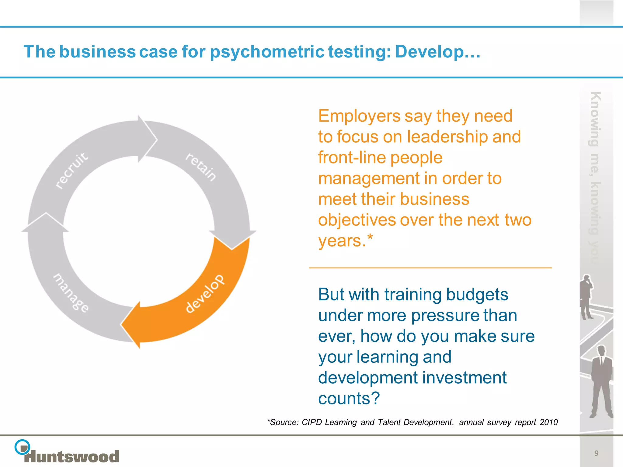 The business case for psychometric testing: Develop…




                                                                                                      Knowing me, knowing you
                                       Employers say they need
                                       to focus on leadership and
                                       front-line people
                                       management in order to
                                       meet their business
                                       objectives over the next two
                                       years.*


                                       But with training budgets
                                       under more pressure than
                                       ever, how do you make sure
                                       your learning and
                                       development investment
                                       counts?
                           *Source: CIPD Learning and Talent Development, annual survey report 2010


                                                                                                                 9
 