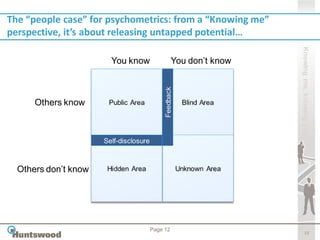 The “people case” for psychometrics: from a “Knowing me”
perspective, it’s about releasing untapped potential…




                                                                    Knowing me, knowing you
                        You know                   You don’t know




                                             Feedback
      Others know



                      Self-disclosure



  Others don’t know




                                        Page 12
                                                                           12
 