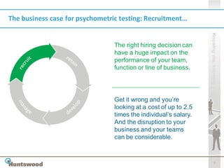 The business case for psychometric testing: Recruitment…




                                                                  Knowing me, knowing you
                                 The right hiring decision can
                                 have a huge impact on the
                                 performance of your team,
                                 function or line of business.




                                 Get it wrong and you’re
                                 looking at a cost of up to 2.5
                                 times the individual’s salary.
                                 And the disruption to your
                                 business and your teams
                                 can be considerable.


                                                                             7
 