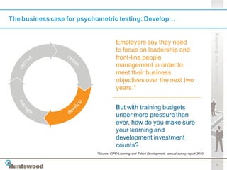 The business case for psychometric testing: Develop…




                                                                                                      Knowing me, knowing you
                                       Employers say they need
                                       to focus on leadership and
                                       front-line people
                                       management in order to
                                       meet their business
                                       objectives over the next two
                                       years.*


                                       But with training budgets
                                       under more pressure than
                                       ever, how do you make sure
                                       your learning and
                                       development investment
                                       counts?
                           *Source: CIPD Learning and Talent Development, annual survey report 2010


                                                                                                                 9
 