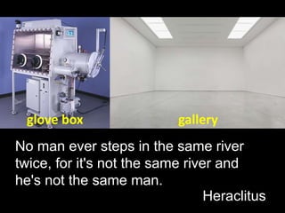 No man ever steps in the same river
twice, for it's not the same river and
he's not the same man.
Heraclitus
glove box gallery
 