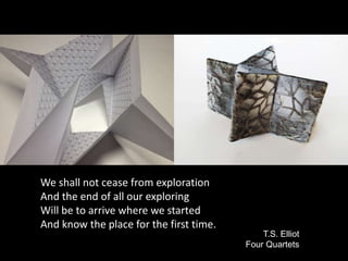 We shall not cease from exploration
And the end of all our exploring
Will be to arrive where we started
And know the place for the first time.
T.S. Elliot
Four Quartets
 
