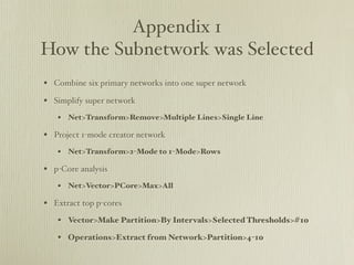 Appendix 1
How the Subnetwork was Selected
? Combine six primary networks into one super network
? Simplify super network
   ? Net>Transform>Remove>Multiple Lines>Single Line
? Project 1-mode creator network
   ? Net>Transform>2-Mode to 1-Mode>Rows
? p-Core analysis
   ? Net>Vector>PCore>Max>All
? Extract top p-cores
   ? Vector>Make Partition>By Intervals>Selected Thresholds>#10
   ? Operations>Extract from Network>Partition>4-10
 