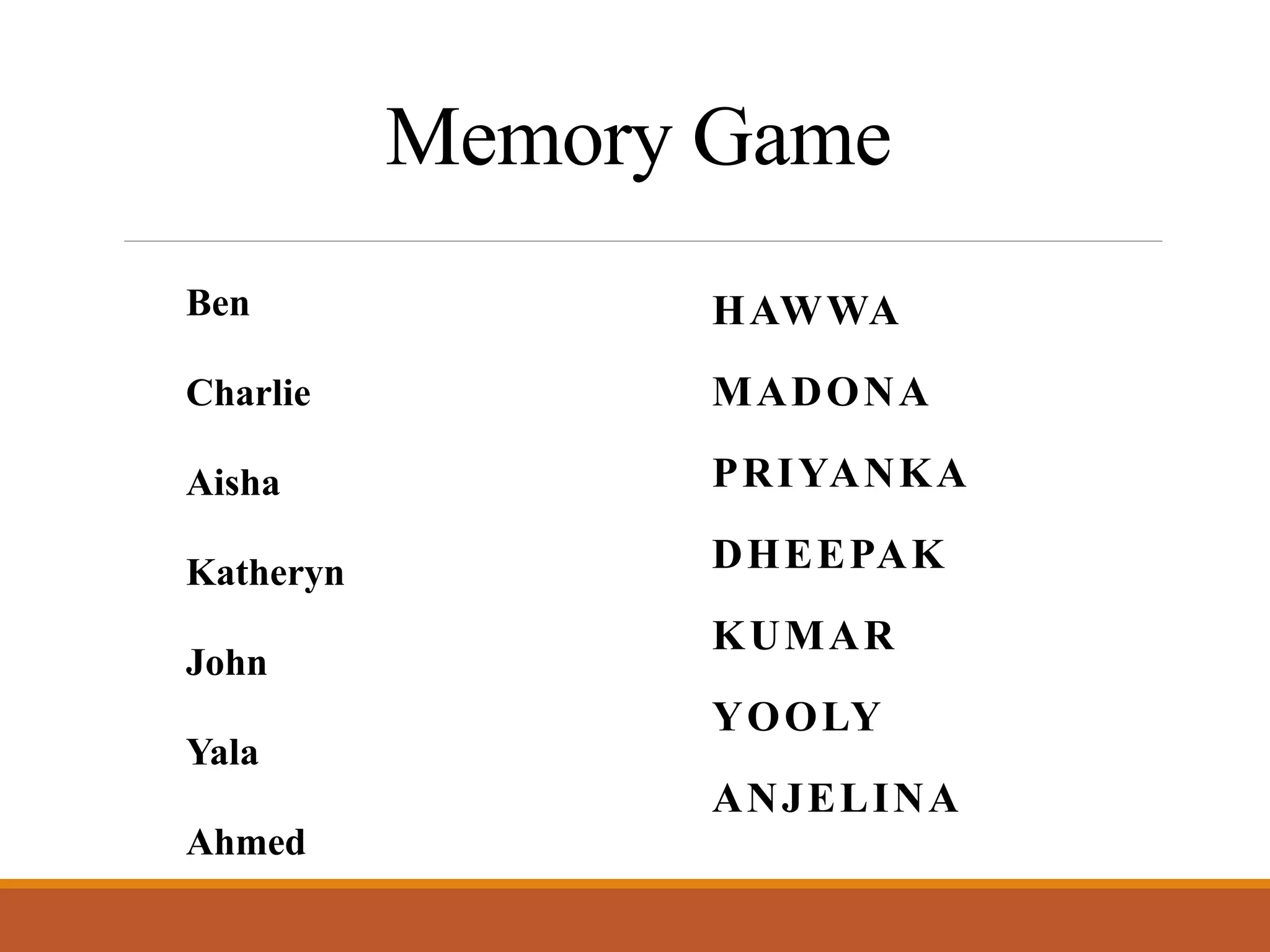 Memory Game
Ben
Charlie
Aisha
Katheryn
John
Yala
Ahmed
HAWWA
MADONA
PRIYANKA
DHEEPAK
KUMAR
YOOLY
ANJELINA
 